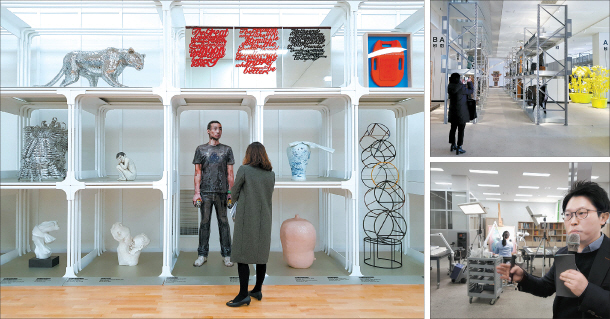 Above and top right are the open storages of the new MMCA Cheongju, which opens today. Bottom right is curator Kwon Hee-hong explaining about a conservation laboratory that the public can see through glass walls. [MOON SO-YOUNG]