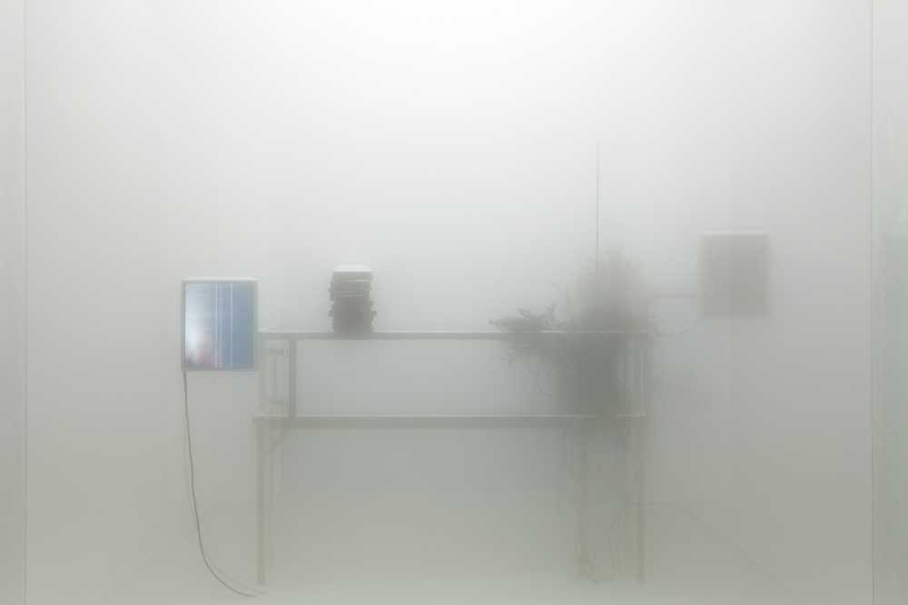 이기봉_ Hole of Solaris_steel, glass, styloform, white sand, monitor, natural branch, artificial fog, paper_ dimensions variable_ 2012