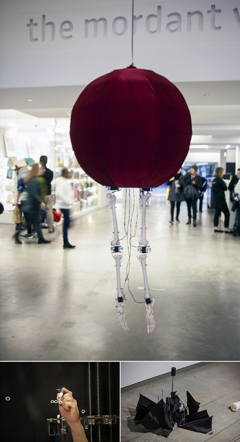 Top) Wade Marynowsky, ‘Moonwalker’, installation view, 'New Romance', MCA, Australia, 2016, steel, aluminium, motors, electronics, textiles, code, textiles: Sally Jackson, image courtesy the artist and MCA, Australia © the artist, photo: Alex Davies.<br>
Bottom Left) Kibong Rhee, ‘Perpetual Snow’(detail), 2015, glass, silicon, aluminium, steel, marker pen, arduino system, image courtesy and © the artist. Bottom Right) Wonbin Yang, ‘Umbra infractus’, 2012, from ‘Species series’, installation view, 'New Romance', MCA, Australia, umbrella, electrical devices, image courtesy the artist and MCA, Australia © the artist, photo: Alex Davies.