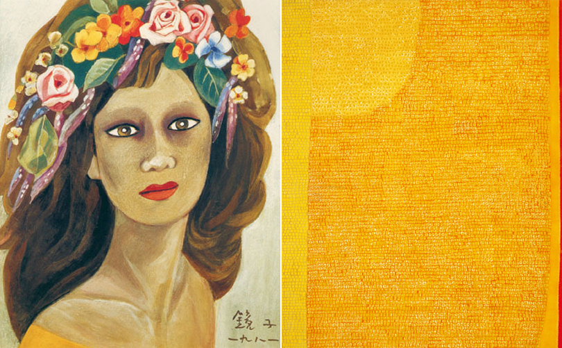 Left) Chun Kyungja, ‘Beautiful Woman’, 1977, Waterolor on Paper, 29×26cm.
Right) Kim Whanki, ‘Untitled 12-V-70 #172’, 1970, Oil on Cotton, 236×173cm.