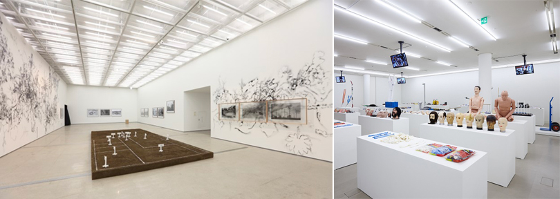 Left) Mixrice(Cho Ji Eun and Yang Chul Mo), ‘Badly Flattened Land 2’, 2016, Installation(dirt from redeveloped neighborhood), 360×820cm. Image: MMCA, Korea. Right) Installation view of “Jeong Geum-hyung : Private Collection”, Atelier Hermes, 2016, Photo ⓒ NAM Kiyong and Fondation d'entreprise Hermes.