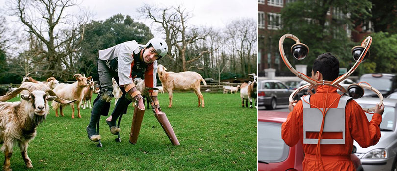 Left) Thomas  Thwaites, Goat Project, courtesy Gwangju Design Biennale / Right) Kim Hwang, CCTV Chandelier, courtesy Gwangju Design Biennale  