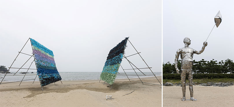 Left) Subodh Kerkar, Moses and the Plastic Ocean, 2017, Commission for the Sea Art Festival 2017 Right) Tae In Kim, Accidental inflation, 2017