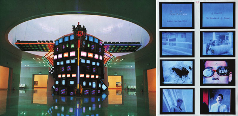 Left) Nam Jun Paik, Fractal Turtleship, 1993, TV, piano, taxidermy turtle, Dimensions variable ⓒ Daejeon Museum of Art Right) Kim Ku-lim, The Meaning of 1/24 Second, 1969 16mm film colour+BW, 9mins 12Sec, Photo credit: Seoul Museum of Art