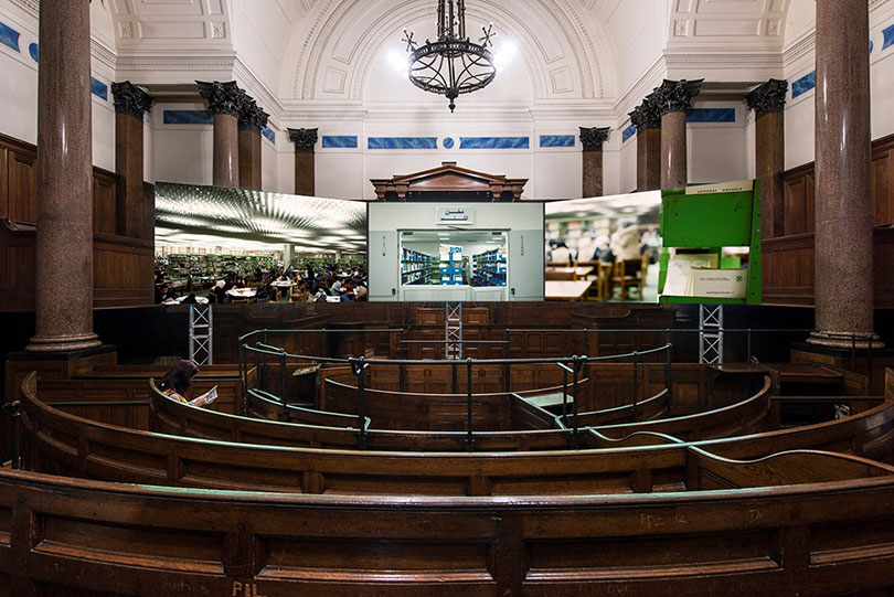 Naeem Mohaiemen, Two Meetings and a Funeral (2017). Exhibition view: Liverpool Biennial 2018: Beautiful world, where are you?, St George's Hall, Liverpool (14 July–28 October 2018). Courtesy Tate Liverpool. Photo: Thierry Bal.