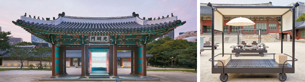 A digital screenwork titled “Gate of Bright Lights,” above, by architecture team Space Popular stands in between the pillars of the Gwangmyeong Gate. Six works titled “Furniture for an Emperor in Transition” by CL3 sit in front of the Hamnyeong Hall, right. MMCA