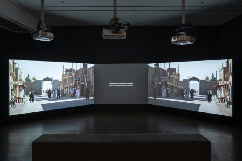 Installation view of MINHA PARK’s 〈Discourse on Twin Mirrors〉, 2019, three-channel video with stereo sound: 11 min 30 sec, at 《Gohyang: Home》, Seoul Museum of Art, 2019–20. Courtesy Seoul Museum of Art. 