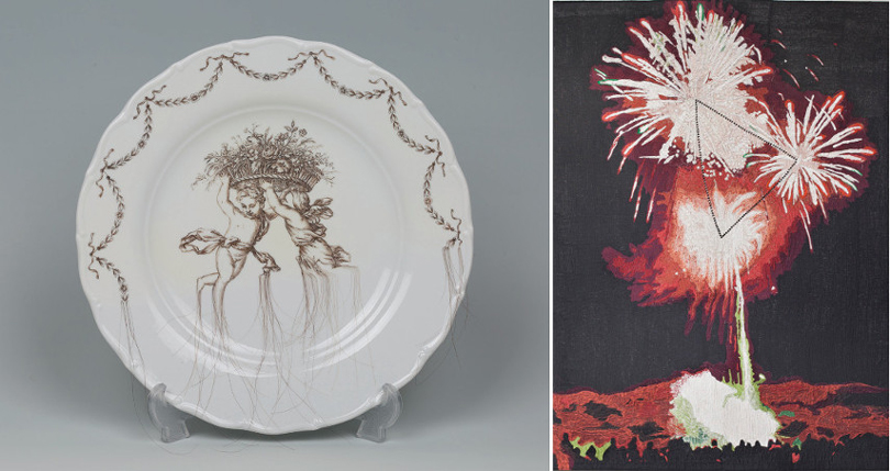 Left: Sekyung Lee – Hair on the Plate (Meissen Angels), 2020. Artist’s hair glued on white plate, coated, 26 cm diameter. Courtesy of the artist and Gallery Simon / Right: Young In Hong – Rhythmic Flowers, 2016. Viscose rayon threads, rhinestones, mesh fabric, cotton, 152 x 113 cm. Courtesy of the artist. Image provided by WIDEWALLS