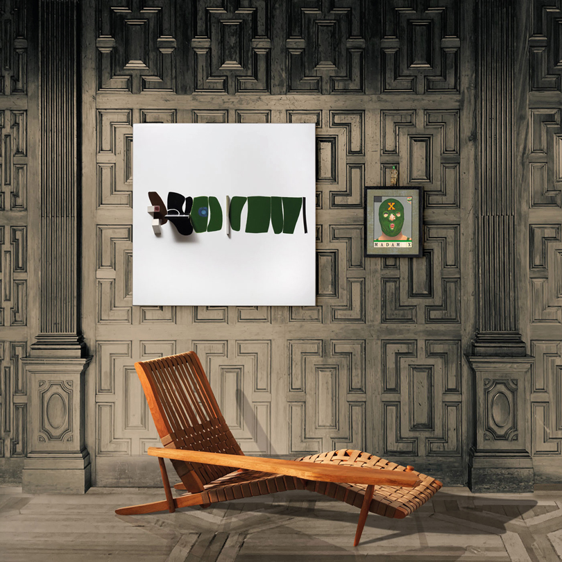 Victor Pasmore (1908-1998), Points of Contact, Green Development, 1966, Marlborough Gallery, Sir Peter Blake (b. 1932), Madame X, 2002, George Nakashima (1905-1990), Lounge Chair, United States, 1960, MORENTZ. From the Eye Viewing Room at eyeofthecollector.com, 12-31 May 2020. Image Provided by Eye of the Collector