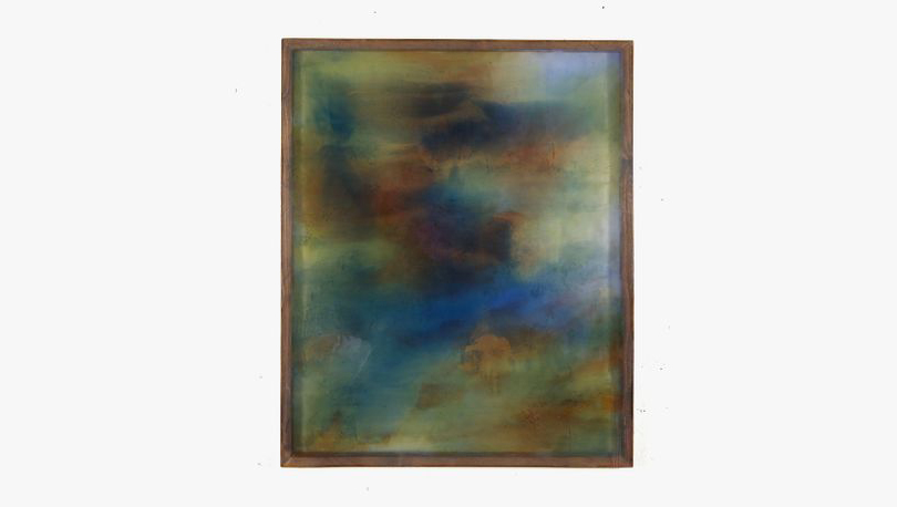 Chris Watts, Witnessing presence(2021), Tempera, resin, pigment, lapis lazuli, polyester chiffon, found wood. 119.3x149.8cm. Courtesy Bode Projects.