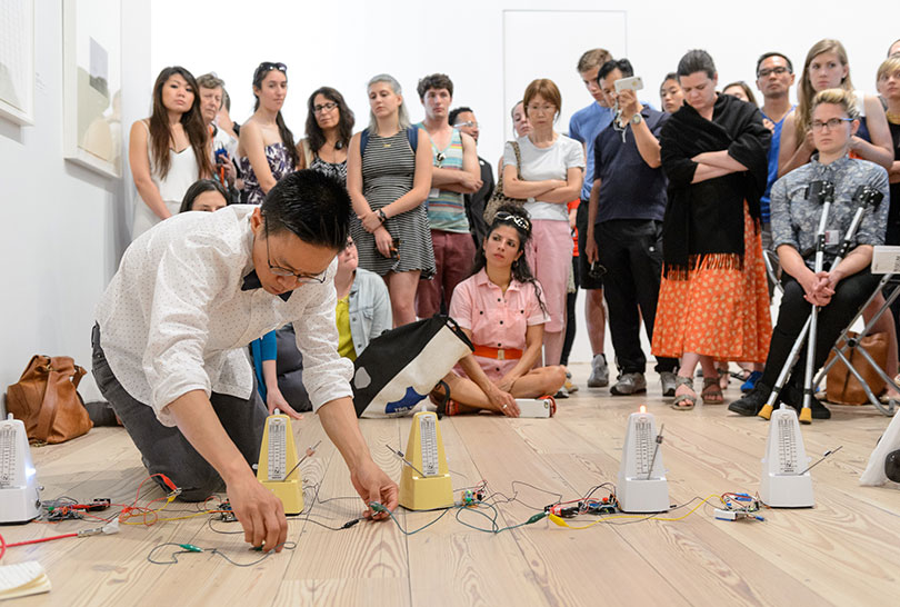 Taeyoon Choi and Christine Sun Kim, ‘Incomplete Text,’ 2015, Metronomes, sensors, microcontrollers, selfie-sticks, Performance at The Whitney Museum of American Art, June 22, 2015.