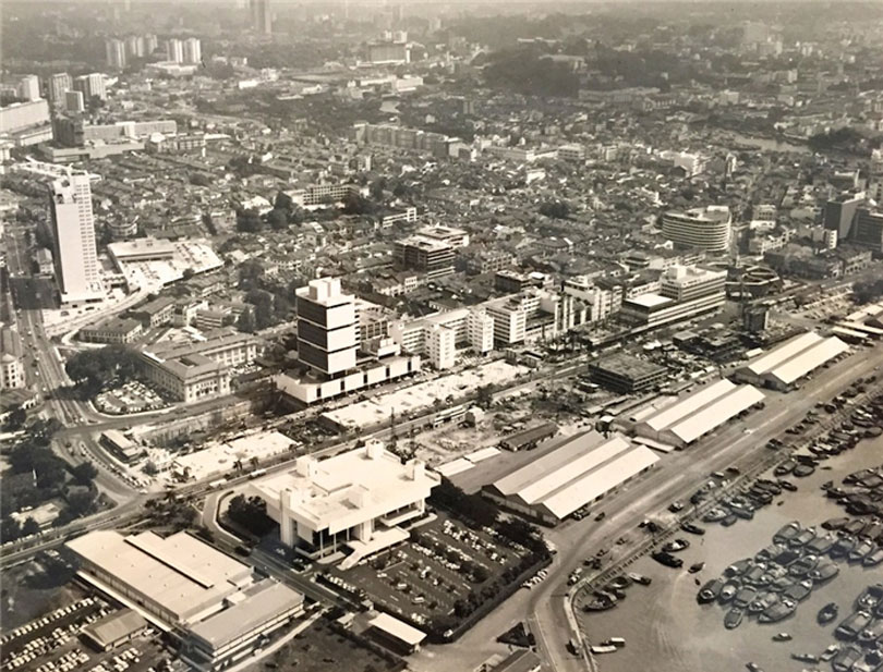 Aerial shot of Singapore’s Central Business District, featuring the Singapore Conference Hall and Singapore Airlines Building (formerly Malaysia-Singapore Airlines Headquarters) designed by Malayan Architects Co- partnership (succeeded by Architects Team 3), (1967). Photographic print. M+, Hong Kong. Gift of Architects Team 3, 2015. Image courtesy Architects Team 3 Pte Ltd.