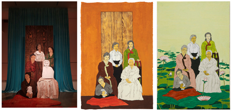 The variations of Yun Suknam’s 〈We are a matrilineal family〉(2018), based on her family photo, into an installation of sculptures, left, and two paintings of traditional color pigments on hanjj, middle and right. All of them are on view at Hakgojae Gallery in central Seoul. ⒸMOON SO-YOUNG ⒸHAKGOJAE