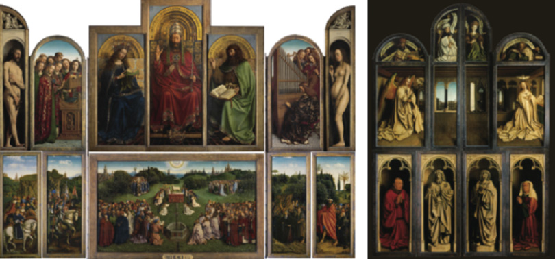 (Left) Jan van Eyck, The Ghent Altarpiece, open view, 350 × 461 cm, c. 1430–1432. (Right) Jan van Eyck, The Ghent Altarpiece, closed view, 350 × 223 cm, 1432.