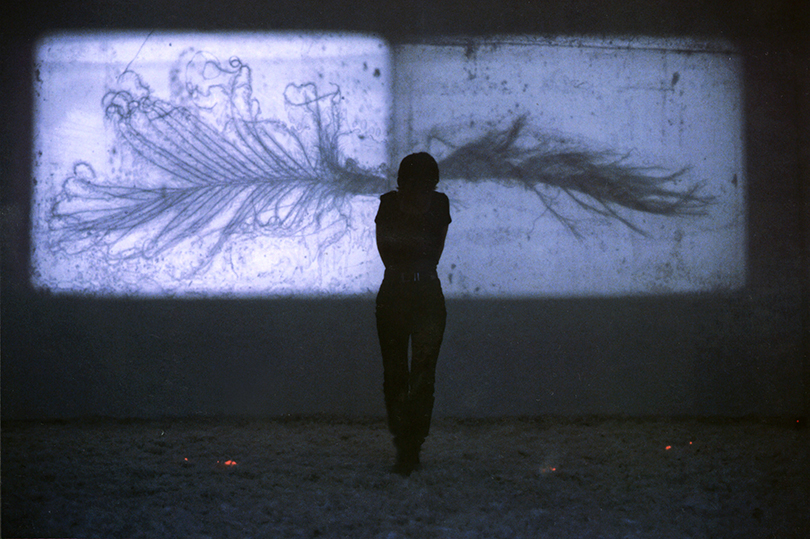 Animate Aviation (1996-1997), film installation including two loops of 16mm film, two 16mm projectors, feathers, lasers, and reflectors