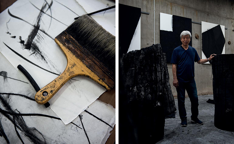 Left, detail shot of a paintbrush in Lee’s Cheongdo studio. Right, Lee at his studio in Cheongdo, South Korea, with charcoal sculptures and paintings from his Issu du Feu series. These form the centrepiece of a solo exhibition in New York. Photography: Gary Yeh