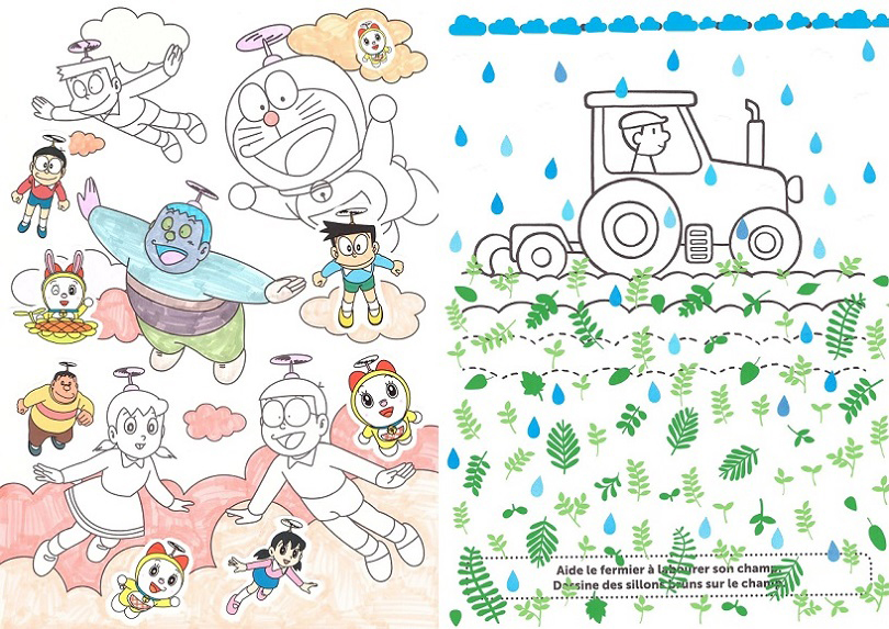 Left MON, 2020, Colored pen, sticker 사인펜, 스티커, 33.5 x 25.5 cm Right Rain Drop, 2020, Sticker 스티커, 33.5 x 25.5 cm. Image provided by AVP