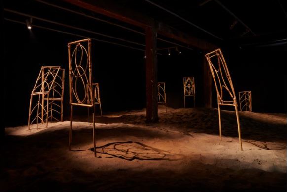 Taloi Havini, Reclamation (2020). Cane, vine, steel, varnish. Exhibition view: Artspace, Sydney (17 January–23 February 2022). Co-commissioned by Artspace and the Samdani Art Foundation. Photo: Zan Wimberley.