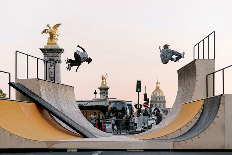 Rampe Cycloidale 2016-2018 Spruce beams, painted birch plywood, steel 1200×1150×440cm Unique artwork sculpture commissioned by the Centre National des Arts Plastiques and produced for FIAC Project, Grand Palais, Paris, 2018 With the support of Nike SB and Les Abattoirs, Musee-Frac Occitanie Toulouse (FR) Courtesy of the artist and Michel Rein, Paris/Brussels Skater: Hugo Boserup & Fernando Bramsmark Photo: Maxime Verret 