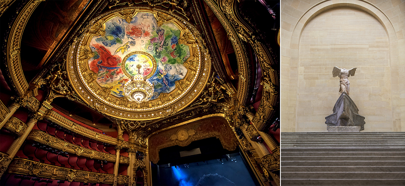 좌 Marc Chagall’s frescoes, painted on the ceiling of the Opéra Garnier, Paris, France 이미지 제공: globetrekimages/Flickr.com 우 〈사모트라케의 니케(Victoire de Samothrace)〉 © 2014 Musée du Louvre / Philippe Fuzeau. 사진제공 퍼블릭아트