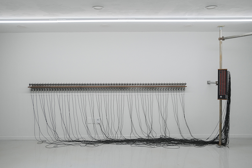 an infinitesimal speck, 2021, sound installation, mixed media ; counters 60ea, wood, solenoid, MCU module, 35,000x120x160mm