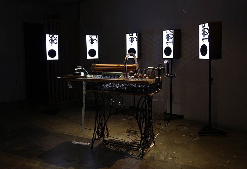 a priori bits #3; Radius, 2014, sound installation, mixed media; radio receiver , transmitter, typewriter, coil, motor, speakers , etc.., dimensions variable