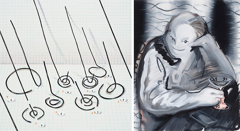 Left: Suyeon Kim,〈Raindrops 5〉, 2021, oil on canvas, 130x130cm, Right: Eunsae Lee,〈As usual at bar〉, 2020, oil and acrylic on canvas, 90.9x72.7cm, Image provided by Gallery2