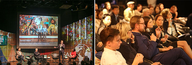 “Left) One of five panel talks in Gallery Weekend Korea 2016, Collectors talk invited international prominent collectors. Right) As a part of Gallery Weekend Korea 2016, the Talking Galleries opened up 
public discussions on the topics related to gallery identities in contemporary art world.